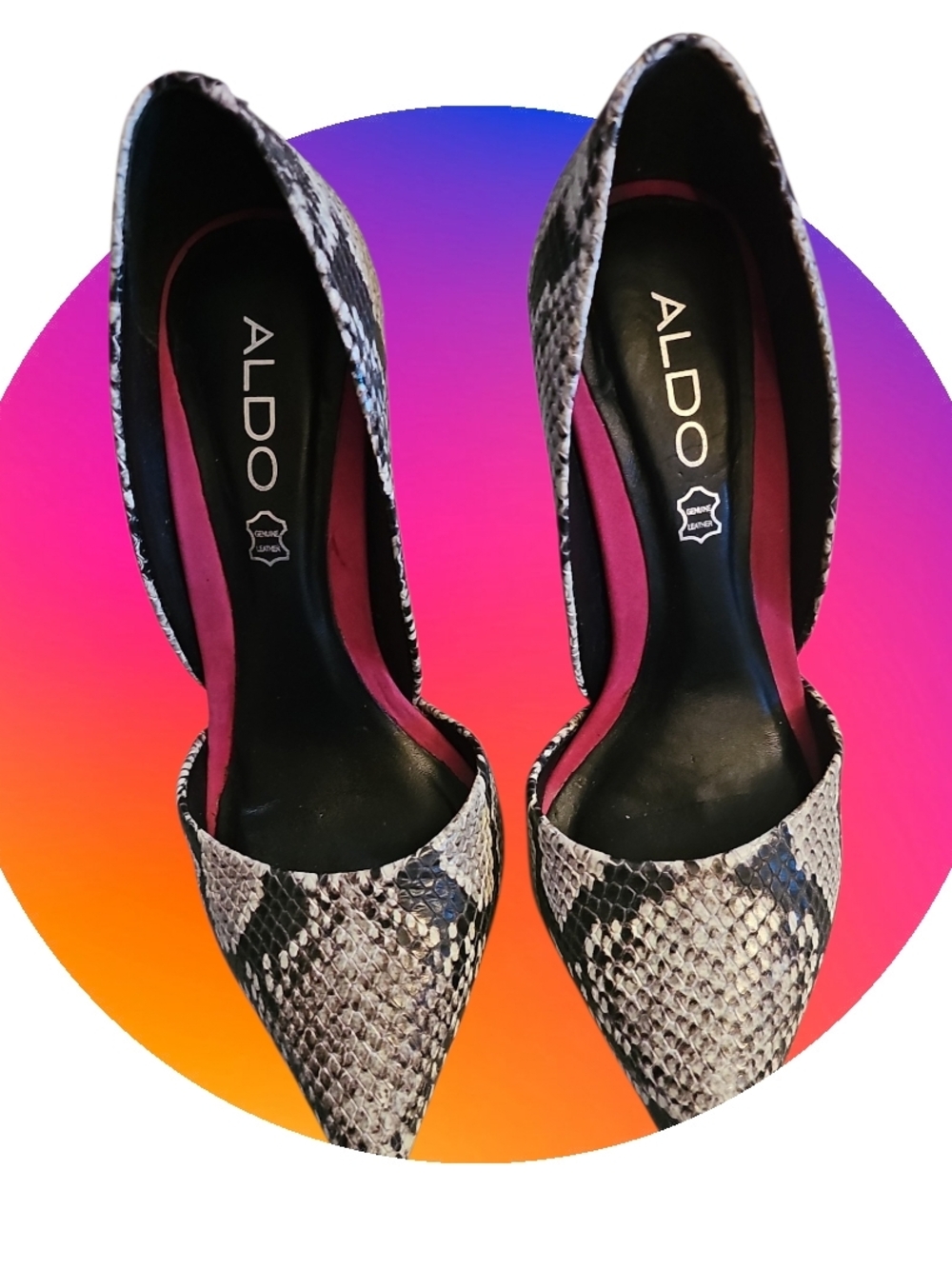 Aldo Snake-Print Pointed D'Orsay Pumps in Black and Gray with Pink Lining